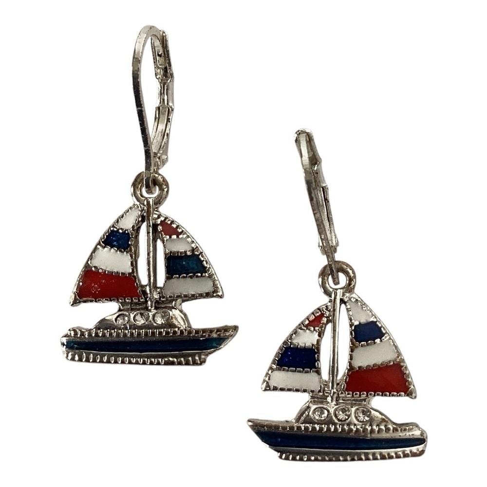 Napier Nautical Sailboat Earrings Silver Tone Red White Blue Enamel Leverback